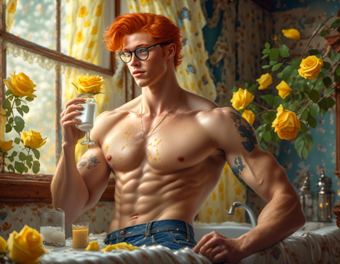 Redhead Hunk: A Shirtless Pin-Up Model Drinking Milk