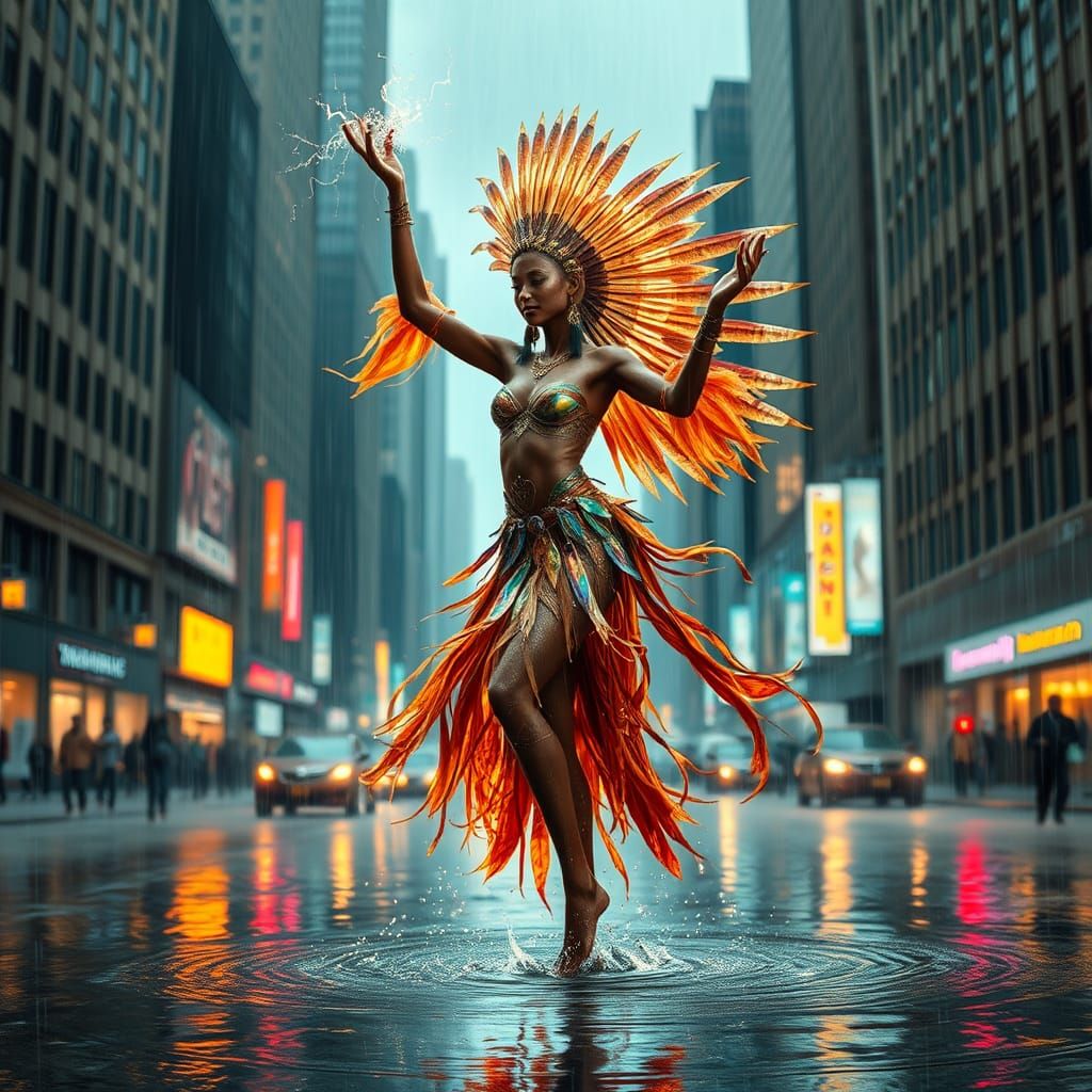 Rain Dancer in Flooded City, Futuristic Dreamscape