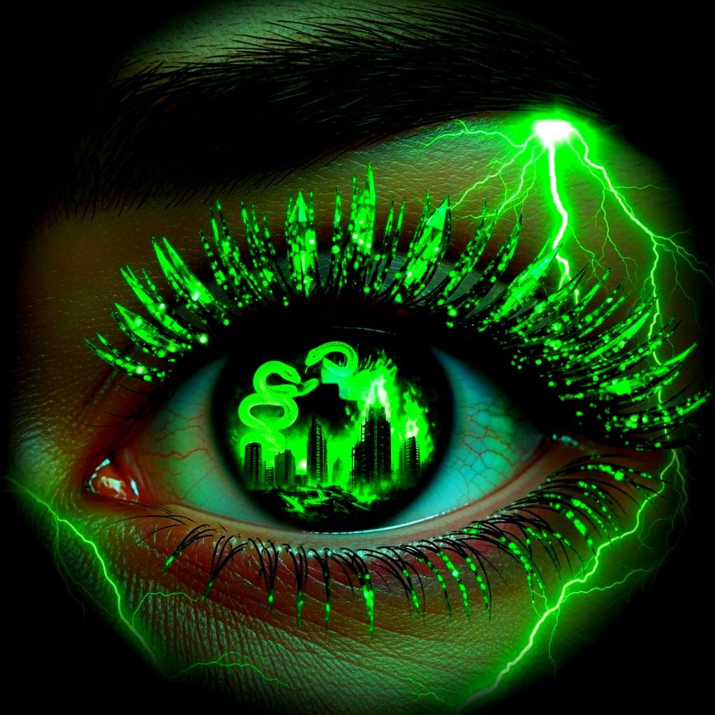 Eye Reflecting Green Cyberpunk Cityscape