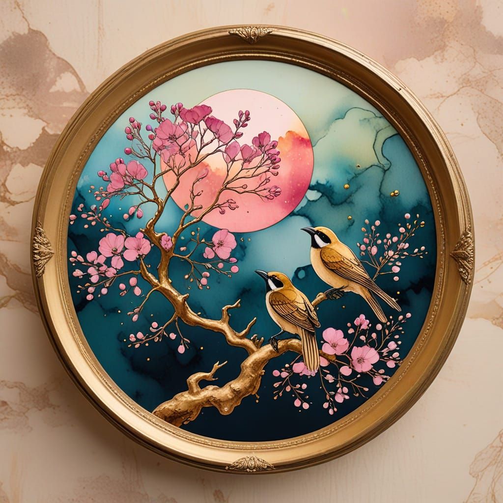 Amber Ink Circular Design with Flowers, Tree, and Bird