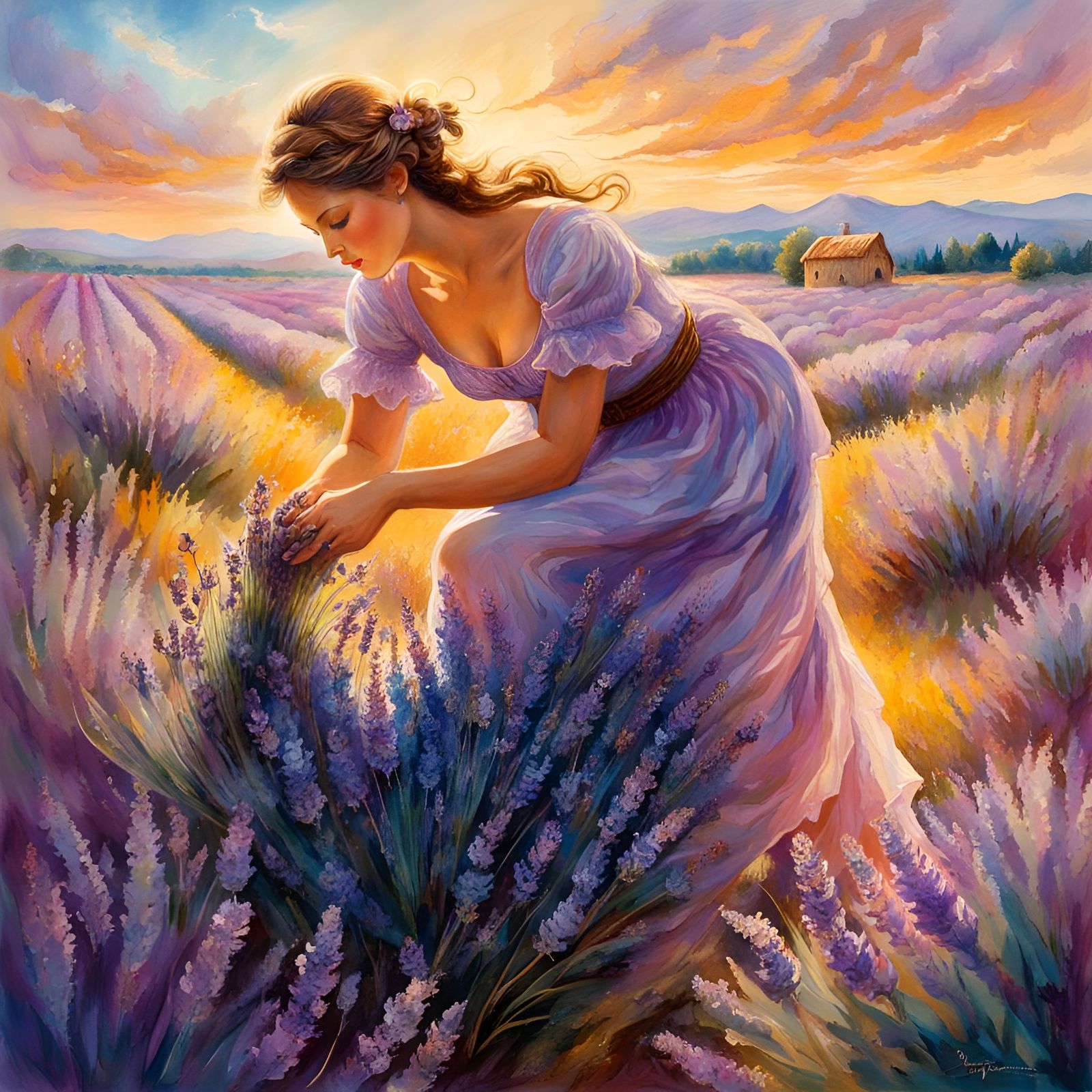 Woman Picking Lavender in Watercolor Style