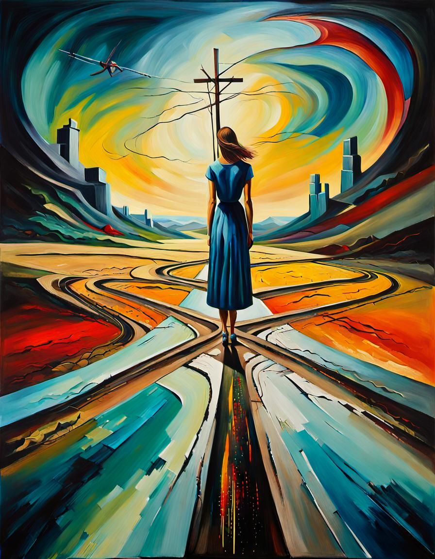Surreal Woman at Crossroads in an Oil Painting