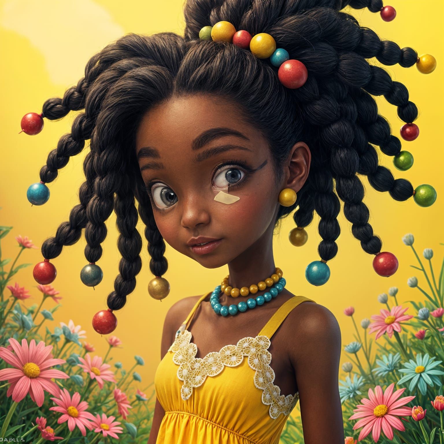 Anime-Style Cartoon of a Black Girl in Yellow Dress