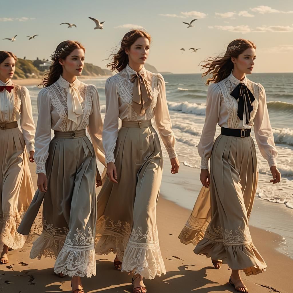 Victorian Era Beach Scene with Formal Attire