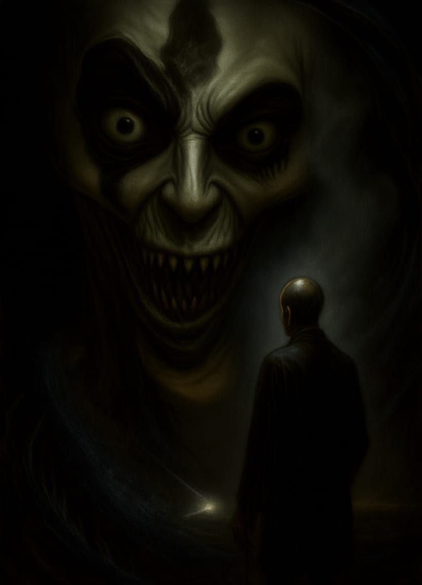 Man Trembling in Cosmic Void Facing Terrifying Creator