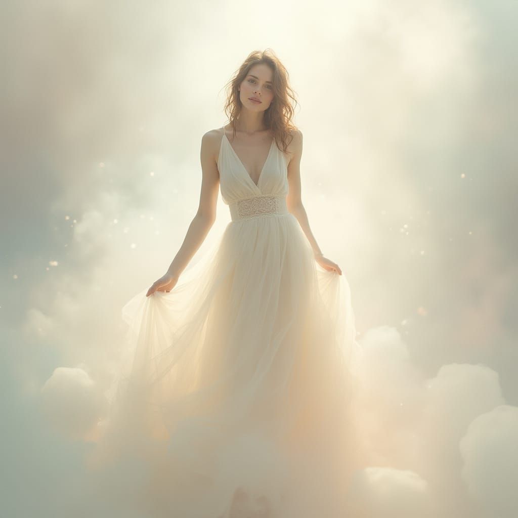 Ethereal Woman in Soft Light and Colorful Aura