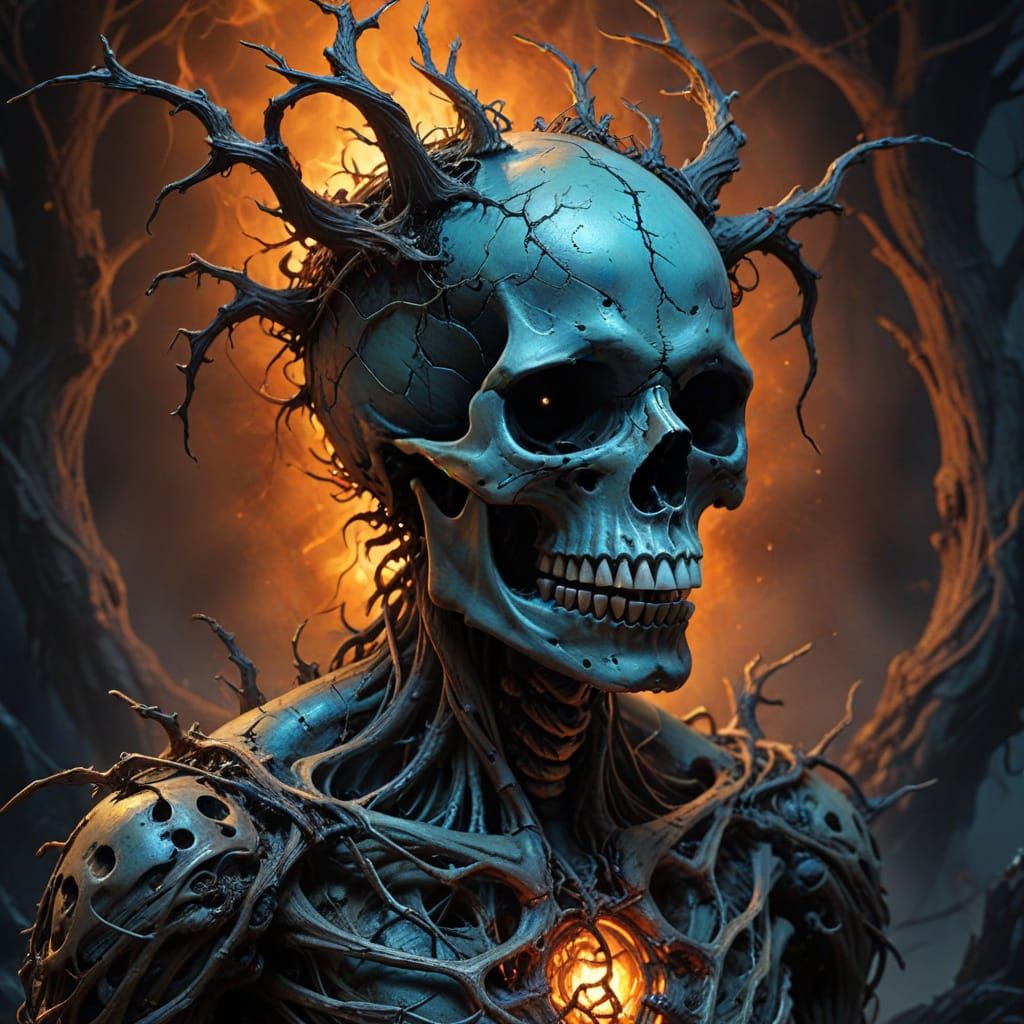 Macabre Skull with Roots and Metal in Dark Fantasy Art