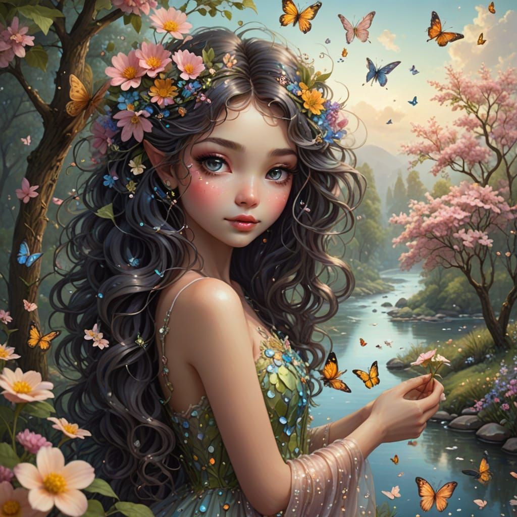 Whimsical Flower Fairy Picking Flowers by a River