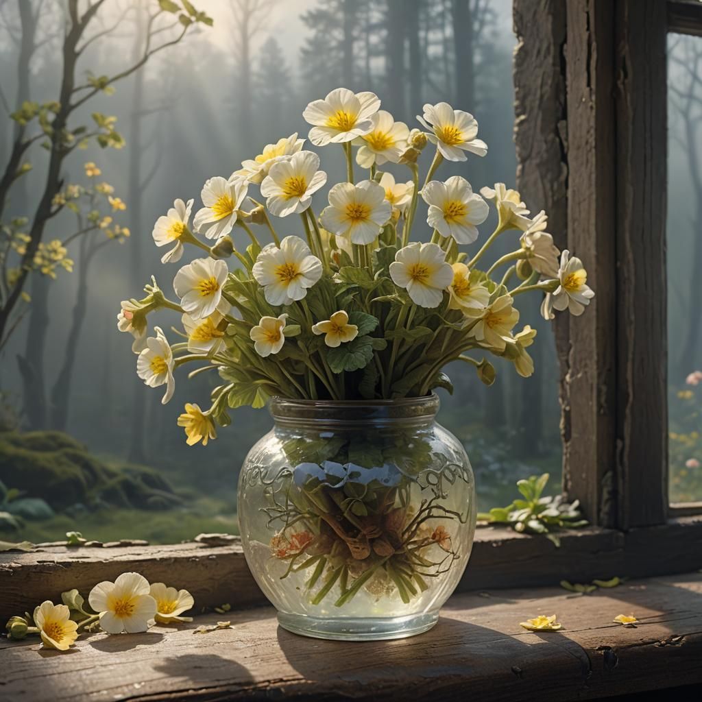Primroses in Antique Jar with Misty Forest