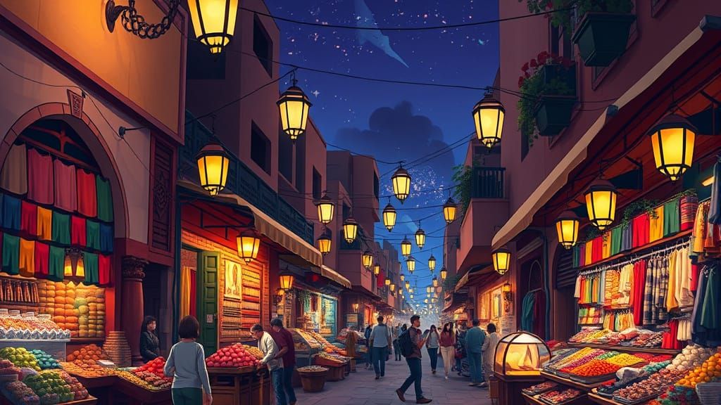 Vibrant Moroccan Night Market in Anime Style