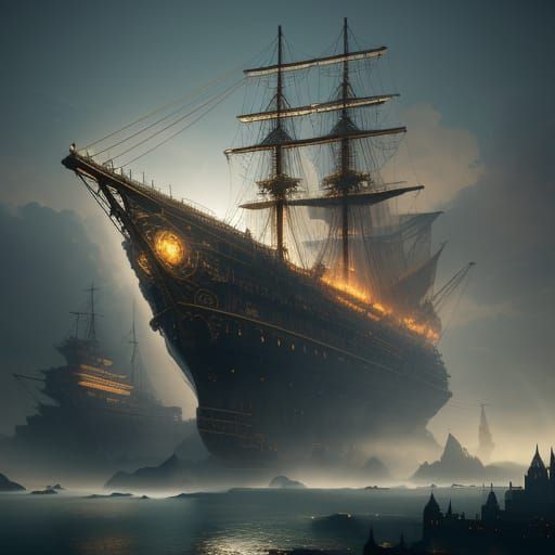 Majestic Steampunk Airship Docks in Floating City