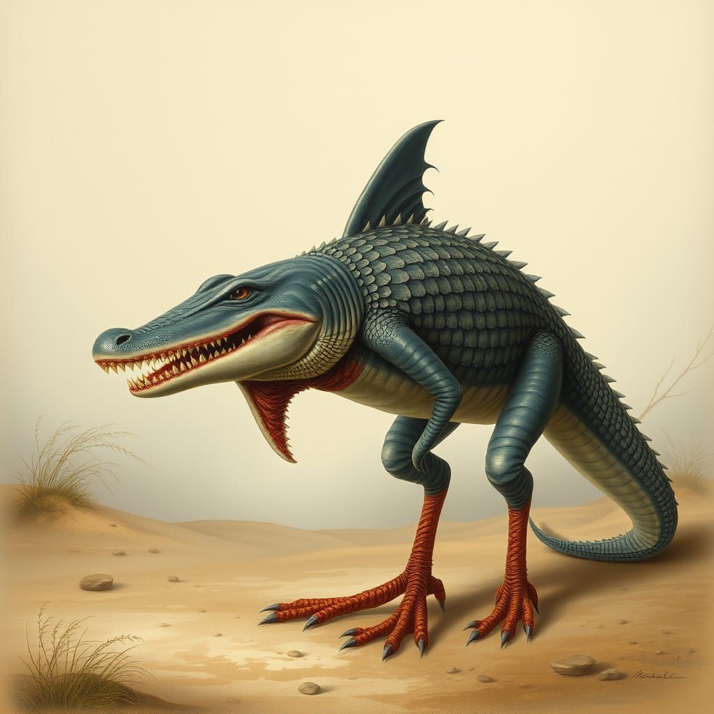 Shark-Headed Crocodile Creature in Zoological Illustration S...