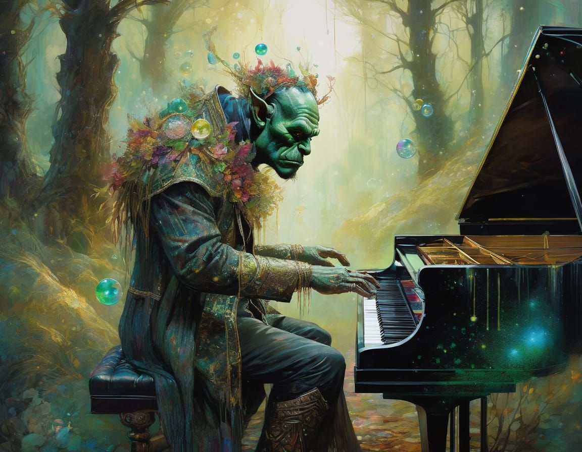Orc Plays Piano Amidst Ethereal Bubbles and Fairy Dust