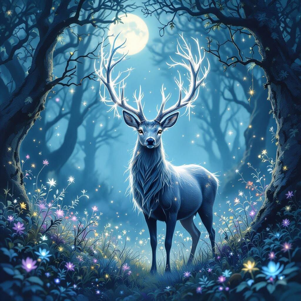Ethereal Deer with Starlight Antlers in Magical Forest