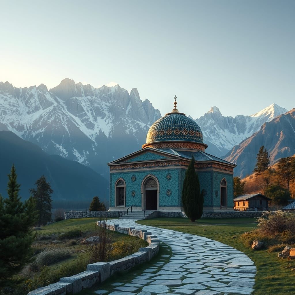 Turquoise Islamic Mausoleum in Serene Mountain Village