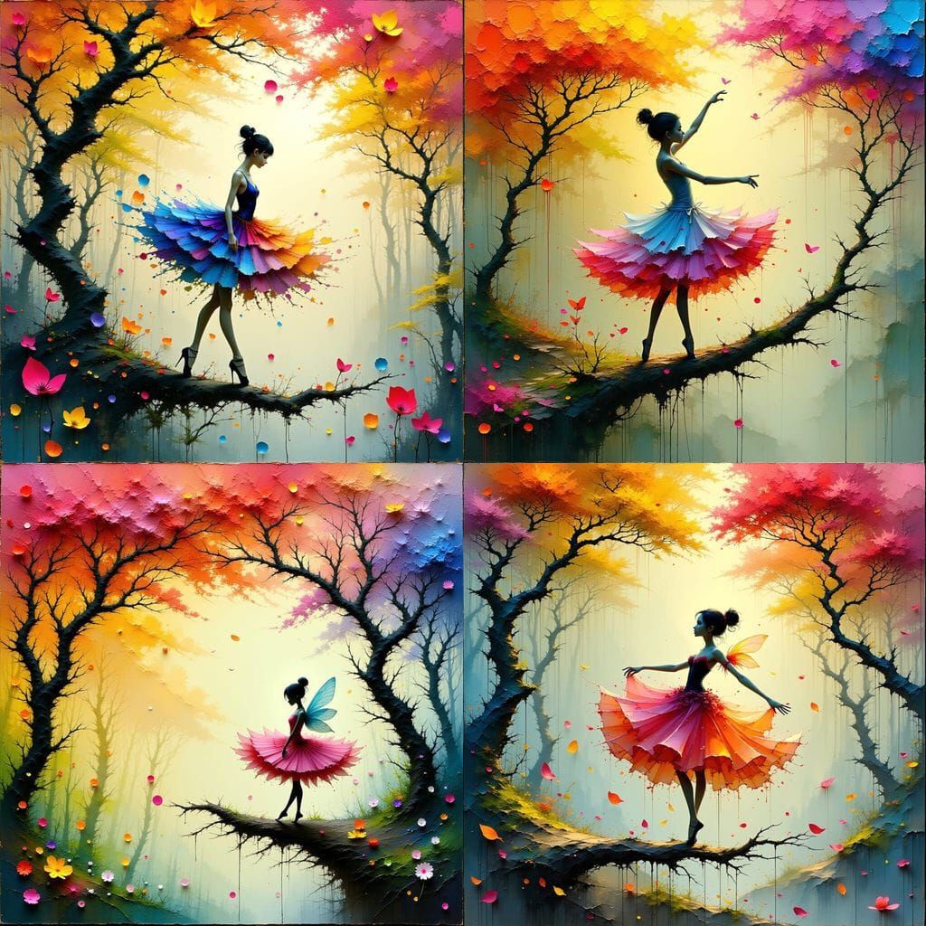 Ballerina fairy in a flowing petal tutu, dancing on tree bra...