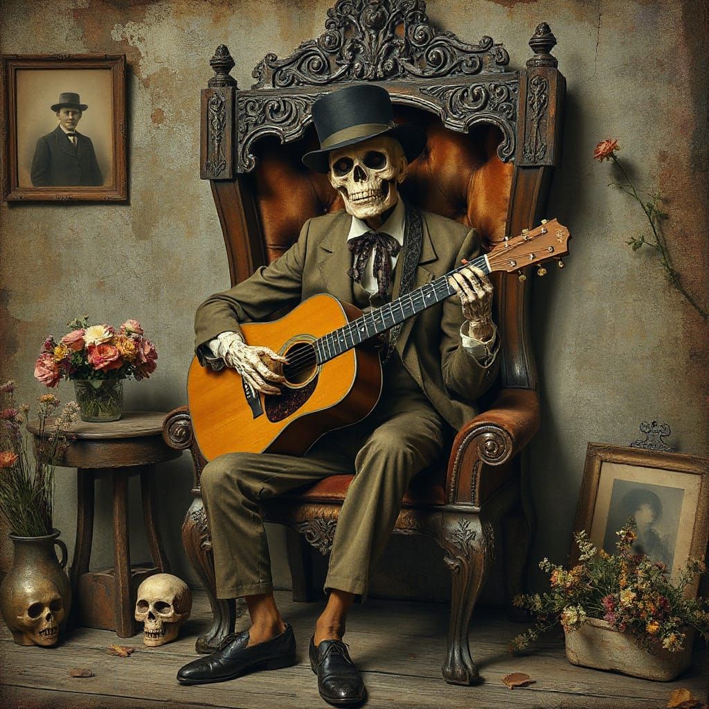 Skeleton Guitarist in Gothic Fairytale Style