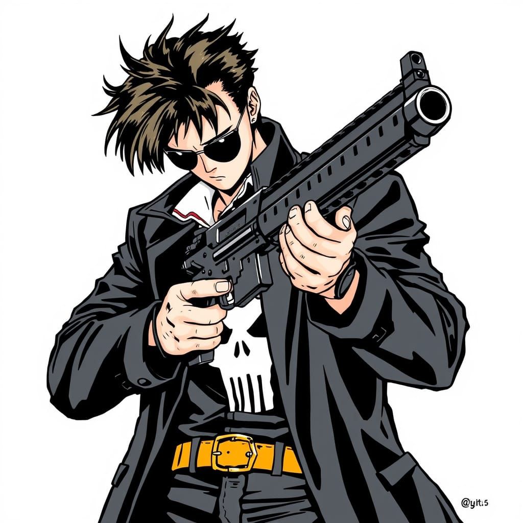 Manga Style Nicholas D. Wolfwood Wields Punisher Gun