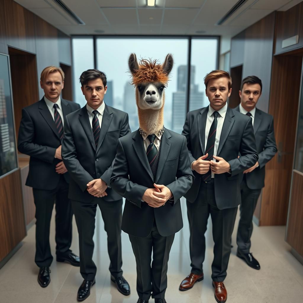 Businessmen Photobombed by Emo Goth with Alpaca