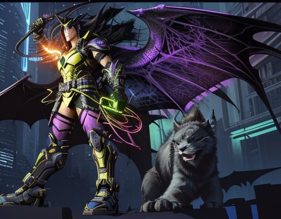 Epic Bat Soars Above Battle-Scarred Cityscape in Cyberpunk S...