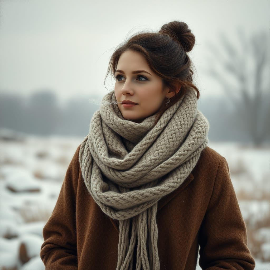 Woman Bundled Up in Winter Landscape with Frosty Breath