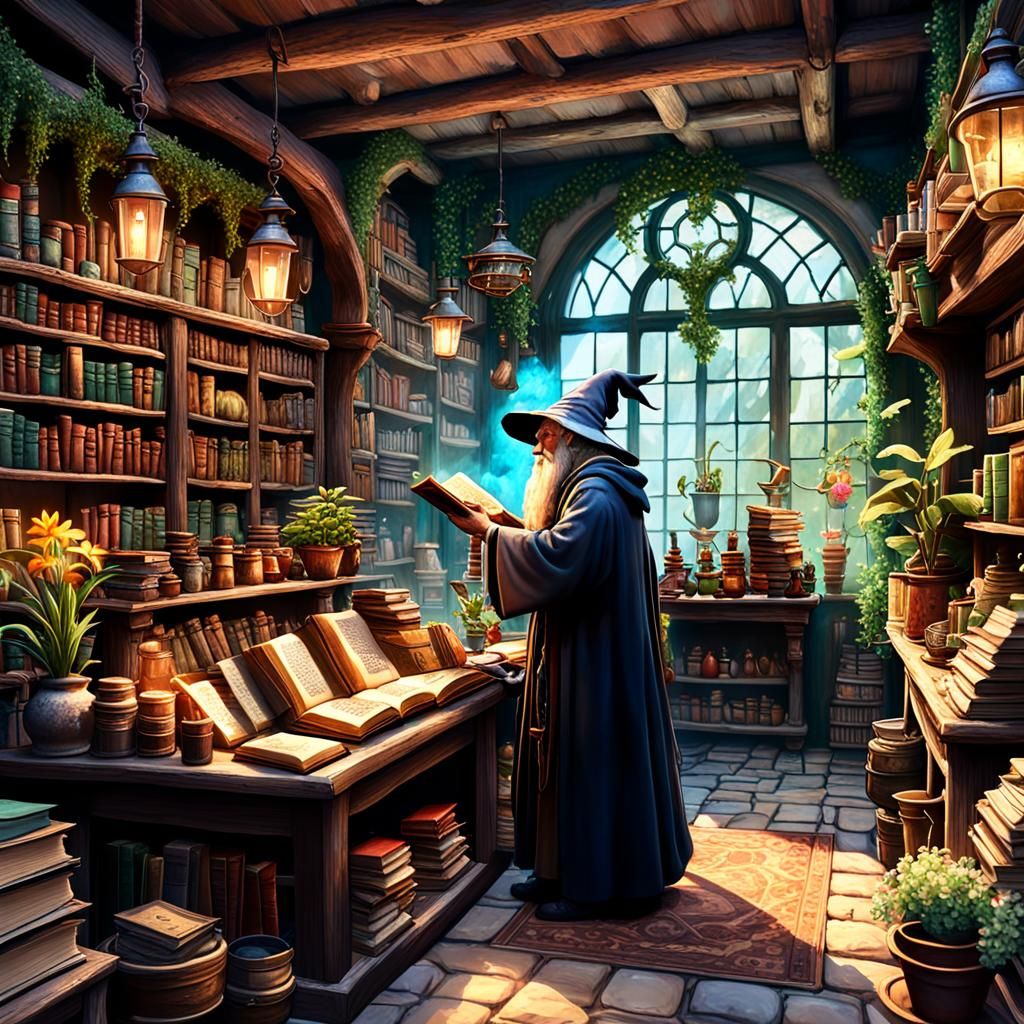 Colorful Wizard Casting Spell in Enormous Library
