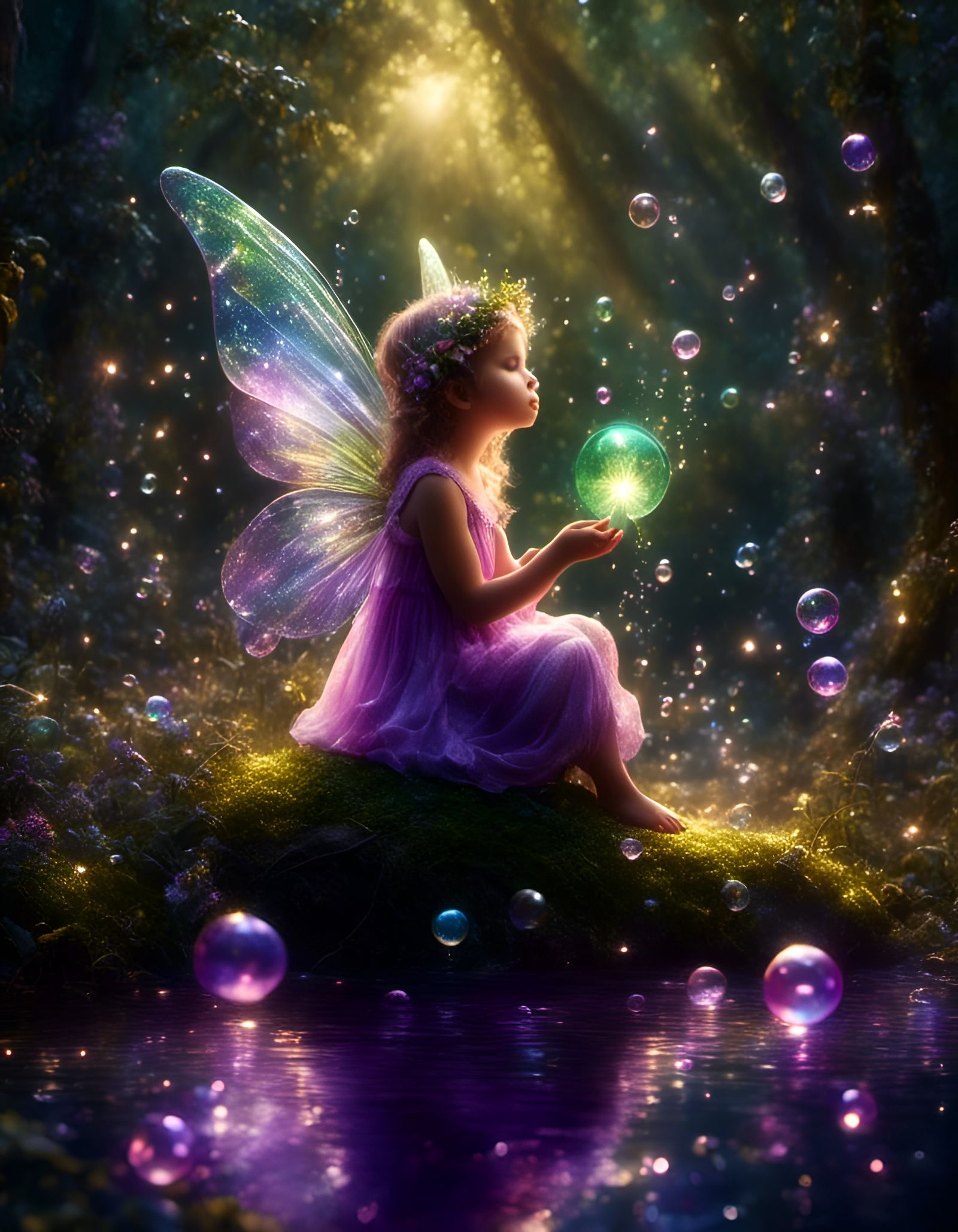 Cute Green Fairy in Enchanted Forest, Aquarelle Drawing