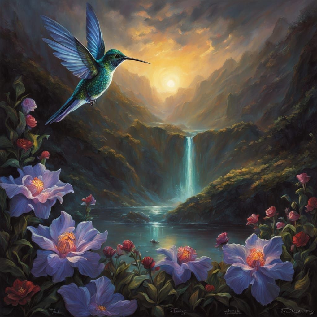 Bioluminescent Hummingbird Sipping Nectar in Surreal Digital...