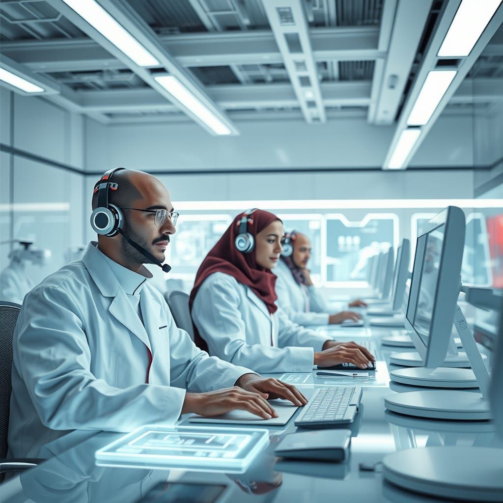 Iranian AI Specialists in Futuristic High-Tech Studio