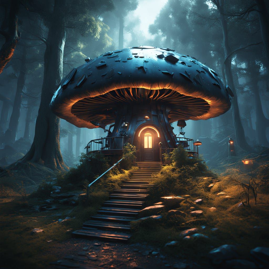 Enchanted Forest Mushroom Birdhouse in Digital Matte Paintin...