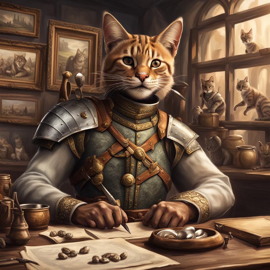 Happy Tabaxi Soldier in Office with Spoon Art