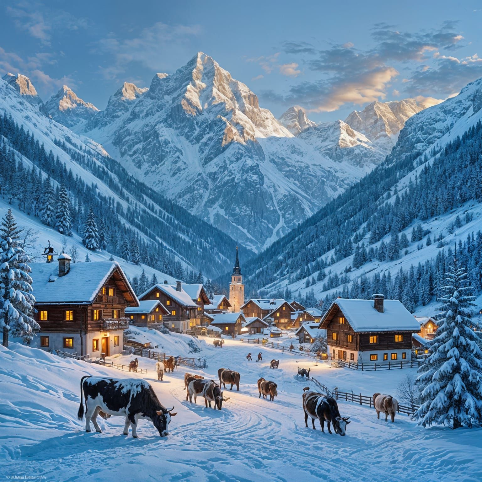 Snowy Swiss Village with Majestic Peaks and Painterly Qualit...