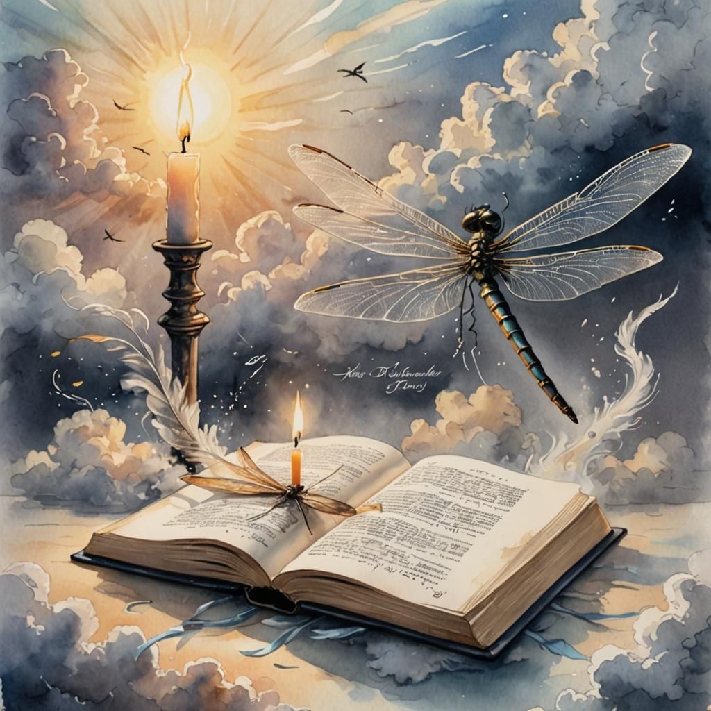 Calligraphy Book with Dragonfly in Watercolor Style