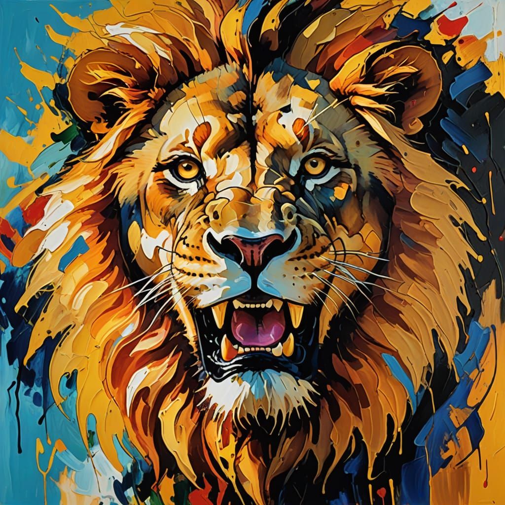 Abstract Fauvist Lion Roaring in Golden Light