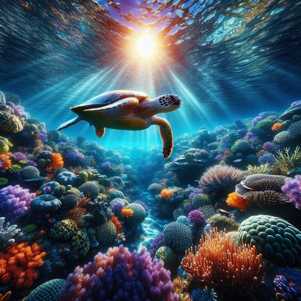 Turtle Glides Through Colorful Coral Reef