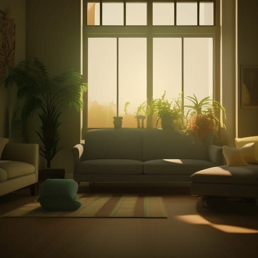 Bright Living Room with Sunshine, Hyperdetailed Rendering