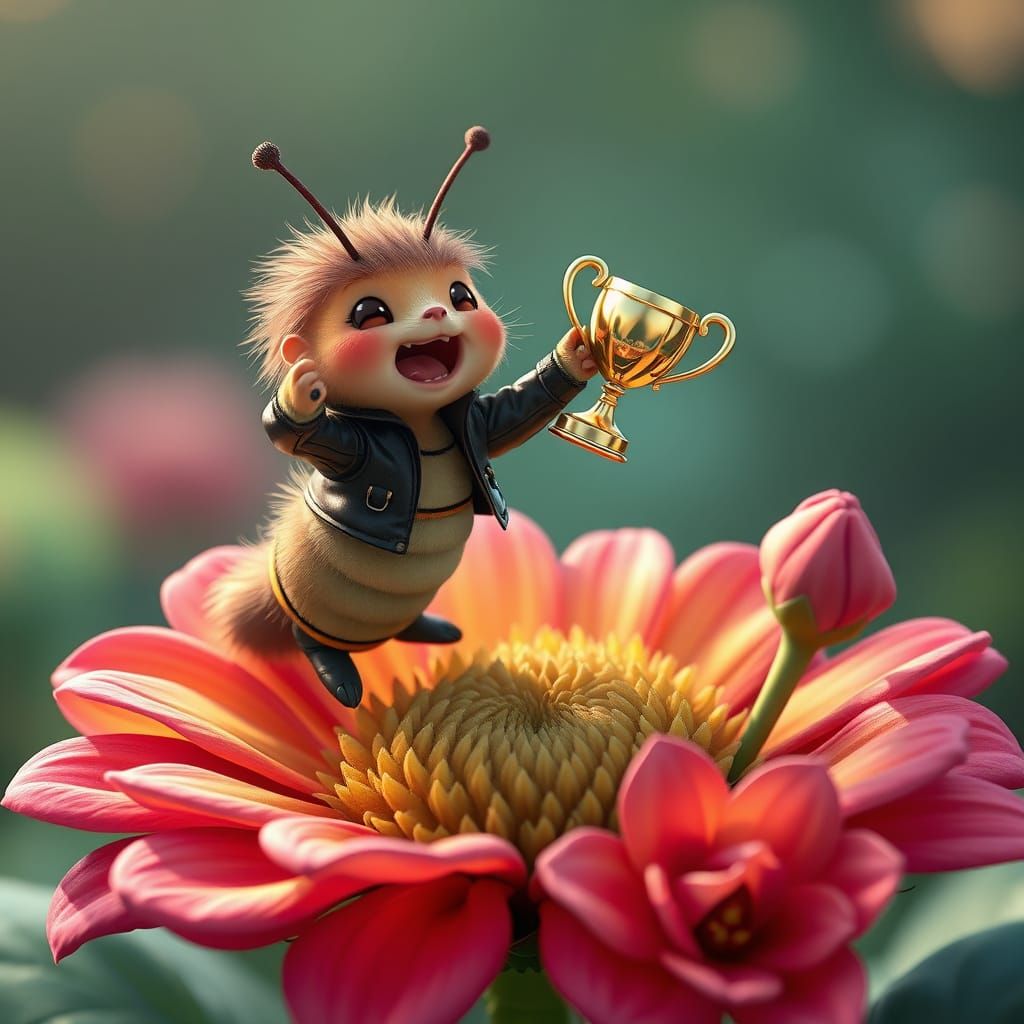 Punk Caterpillar Celebrates Trophy Win on Flower, 3D Anime