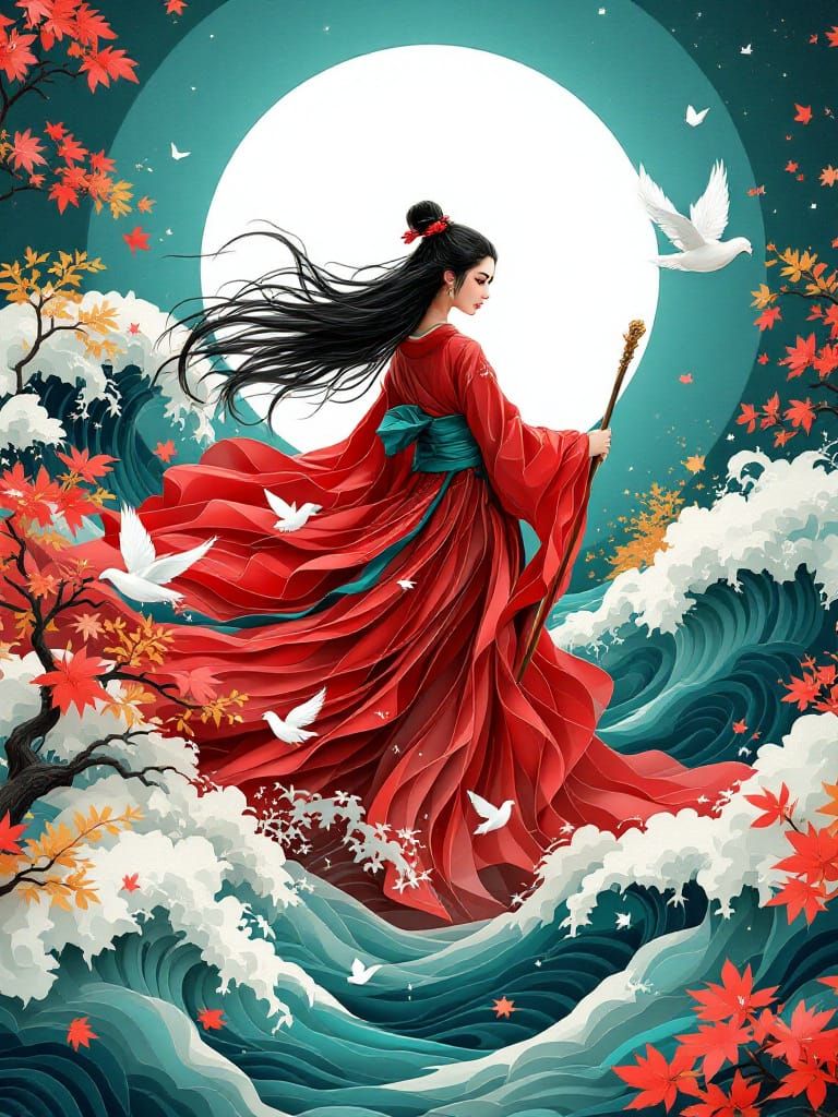 Warrior Woman in Kimono Under Full Moon