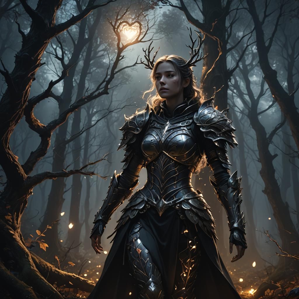 Elaborate Armor in Dark Fantasy Forest, Anime-Inspired