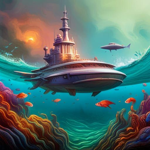 Futuristic Submarine in Surreal Underwater Cityscape
