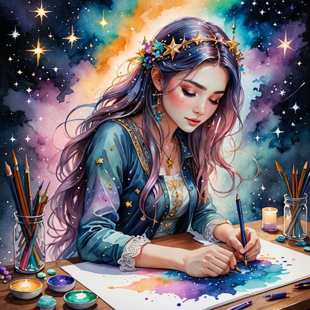 Mystical Watercolor: Girl Coloring with Stars and Flow
