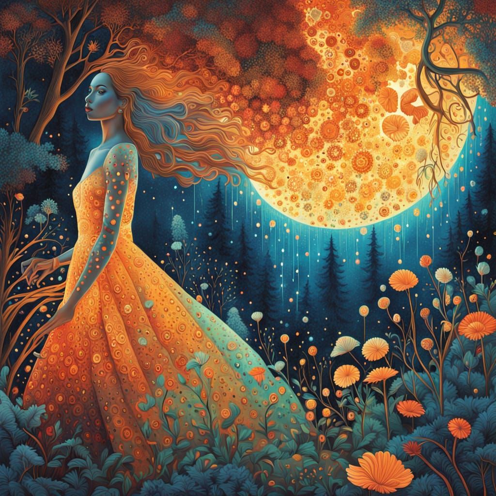 Woman Dancing Among Bioluminescent Flowers in Surreal Art