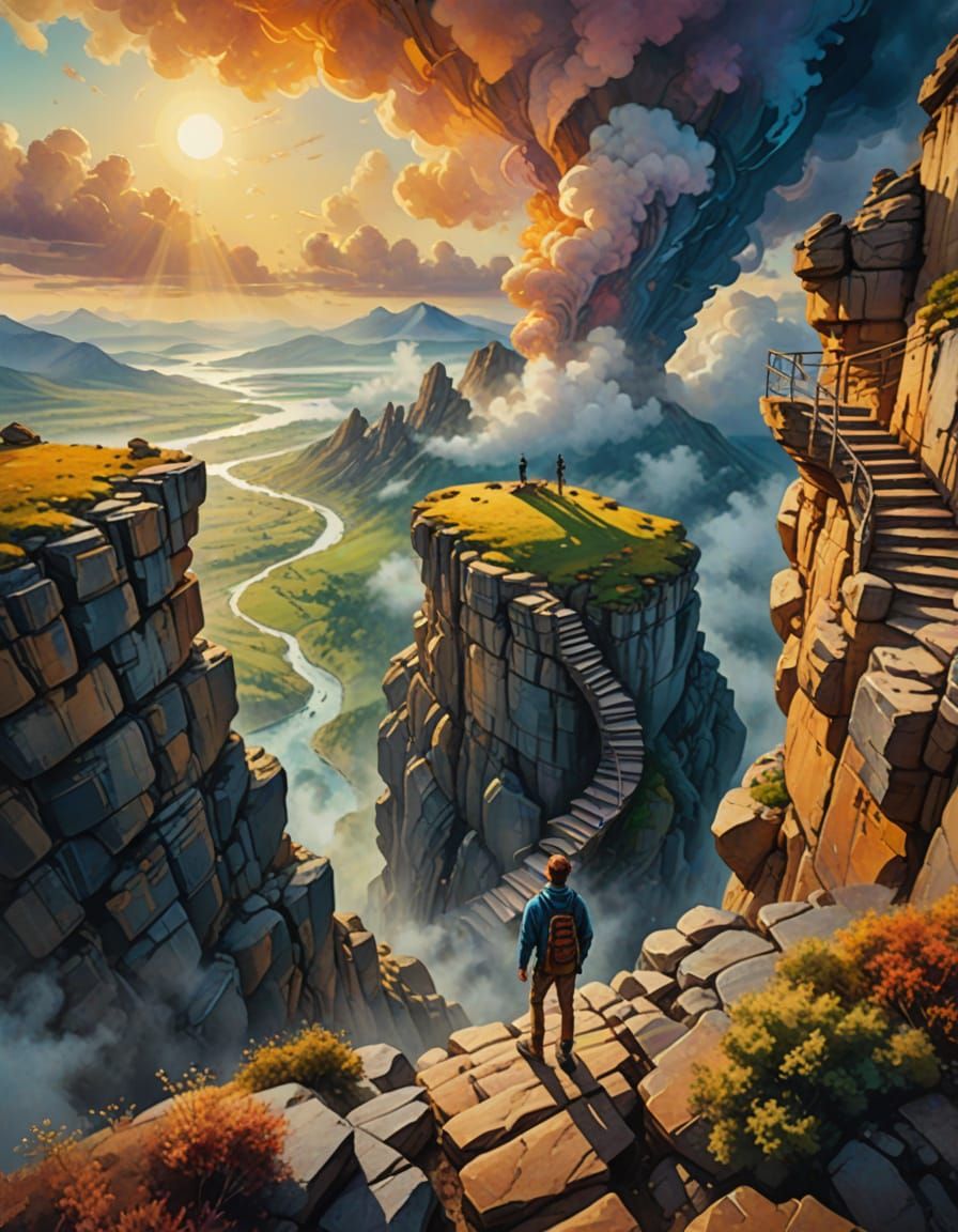 Surreal Cliffside Staircase in Dreamy Watercolor Style