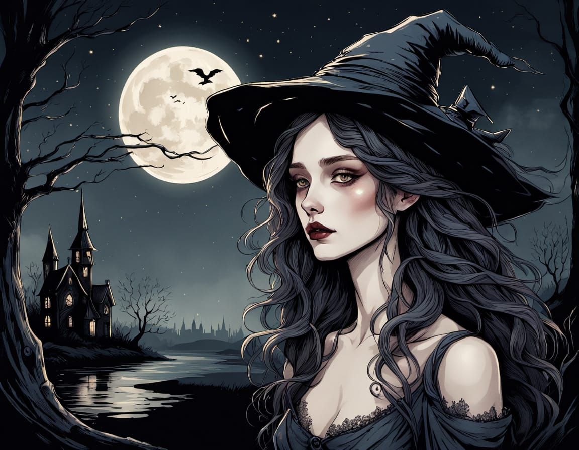 Mysterious Witch Gazing at Moonlight, Vintage Illustration