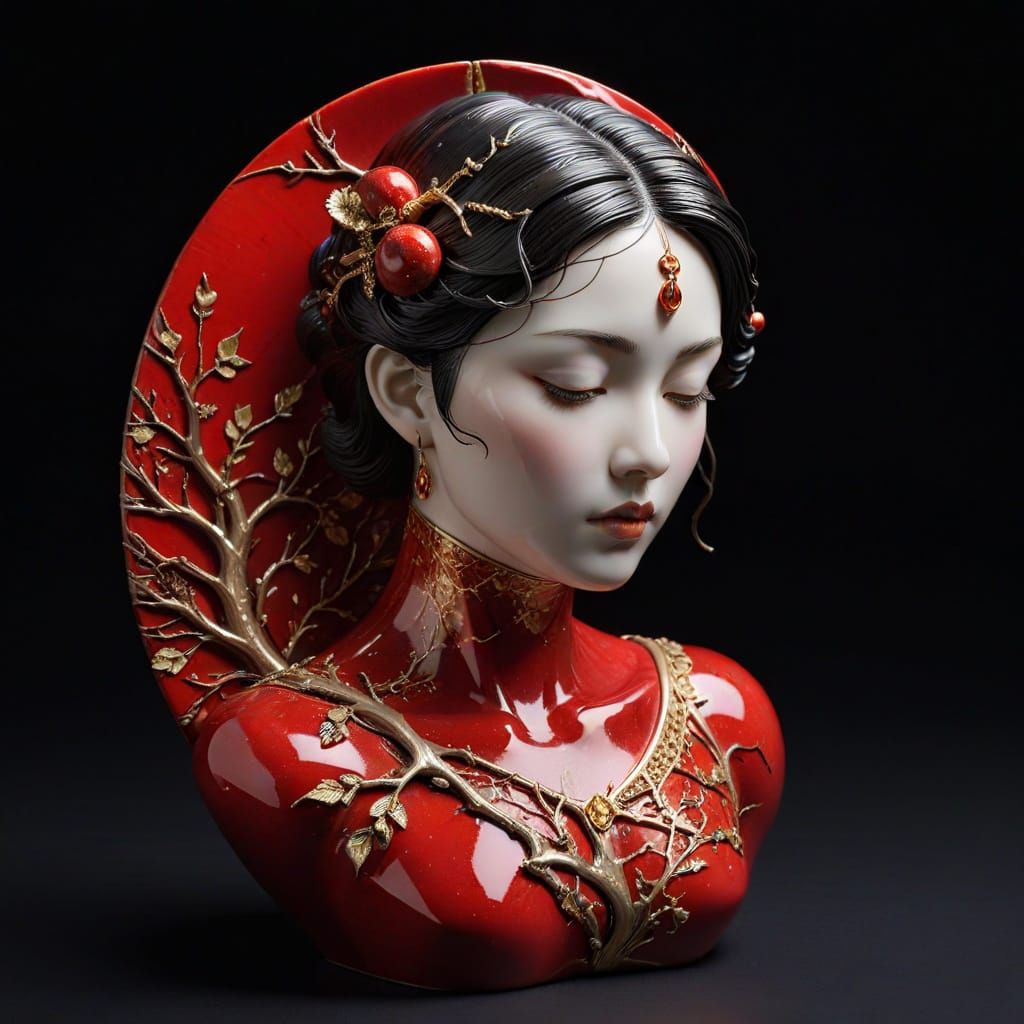 Luxurious Kintsugi Porcelain Bust in Stylized Red Apple