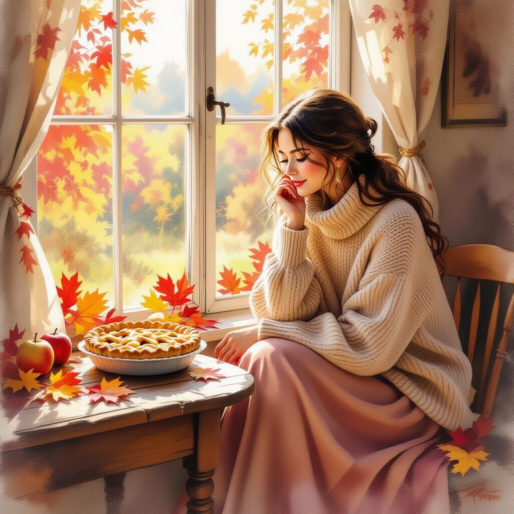 Cozy Autumn Scene: Woman Basking in Sunlit Room with Apple P...