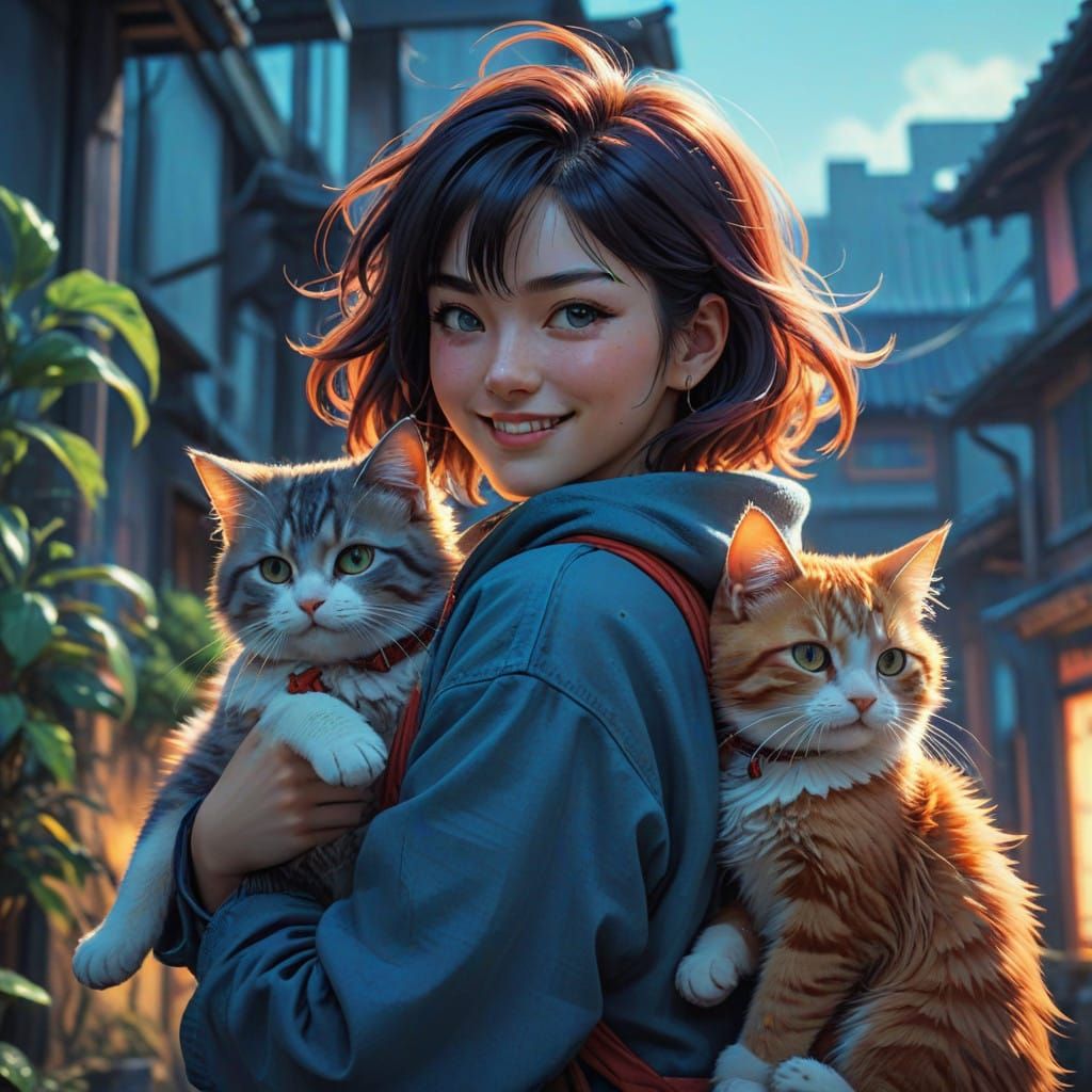 Joyful Anime Girl Surrounded by Adorable Cats in Vibrant Fla...