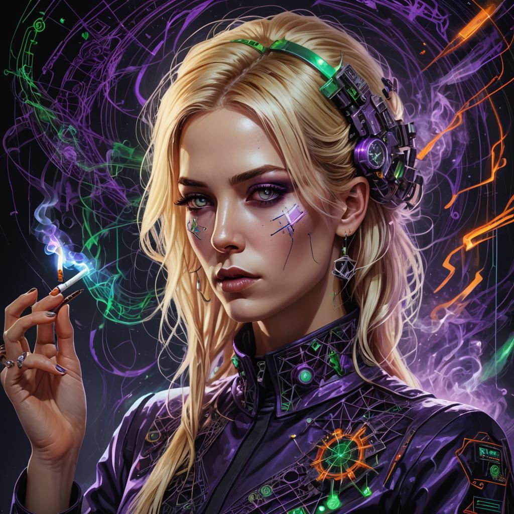 Cyber-Gothic Woman Smoking in Dystopian City