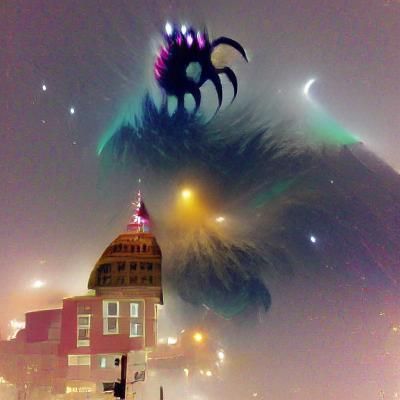 Cosmic Horror Over Foggy Town: Surreal Art