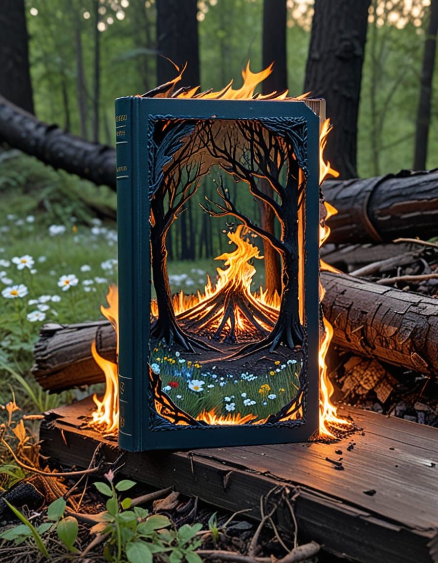 Surreal Landscape Beyond a Burnt Book